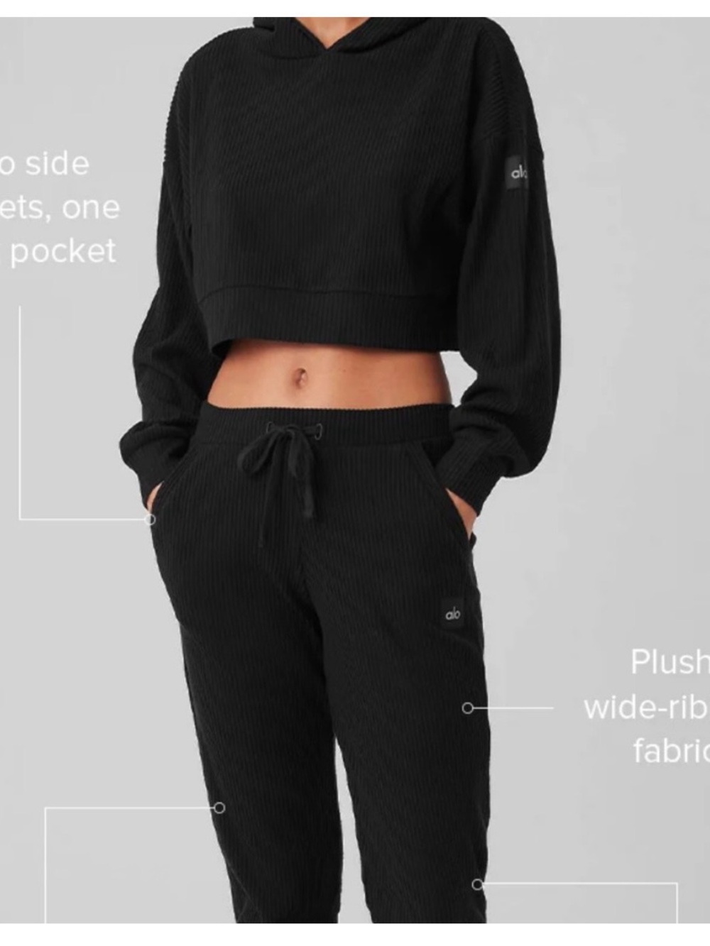ALO Yoga Women’s Muse Black Ribbed Drawstring Joggers and Sweatshirt